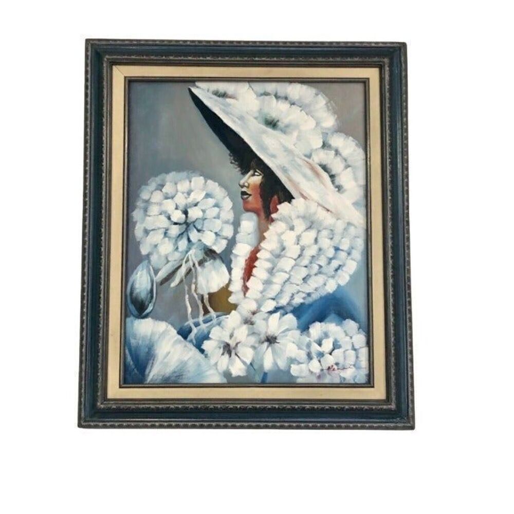 Vintage Oil Painting Black Lady with Dandelion Signed Henri